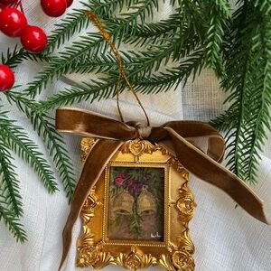 “Jingle all the way” Gold Ornate Picture Frame Ornament with Brown Ribbon